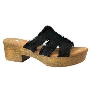 Rocket Dog Clipper Slip On FRAYED Black Platform WOOD BLOCK HEEL Sandals-Women-9